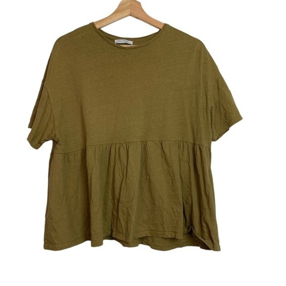 Zara Trafaluc Olive Green Baby Doll Short Sleeve Blouse Size S Women